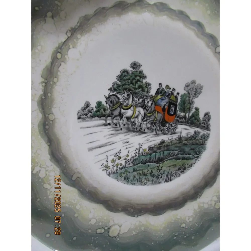 Vintage Old Castle made in England winter scene plate green horse and carriage